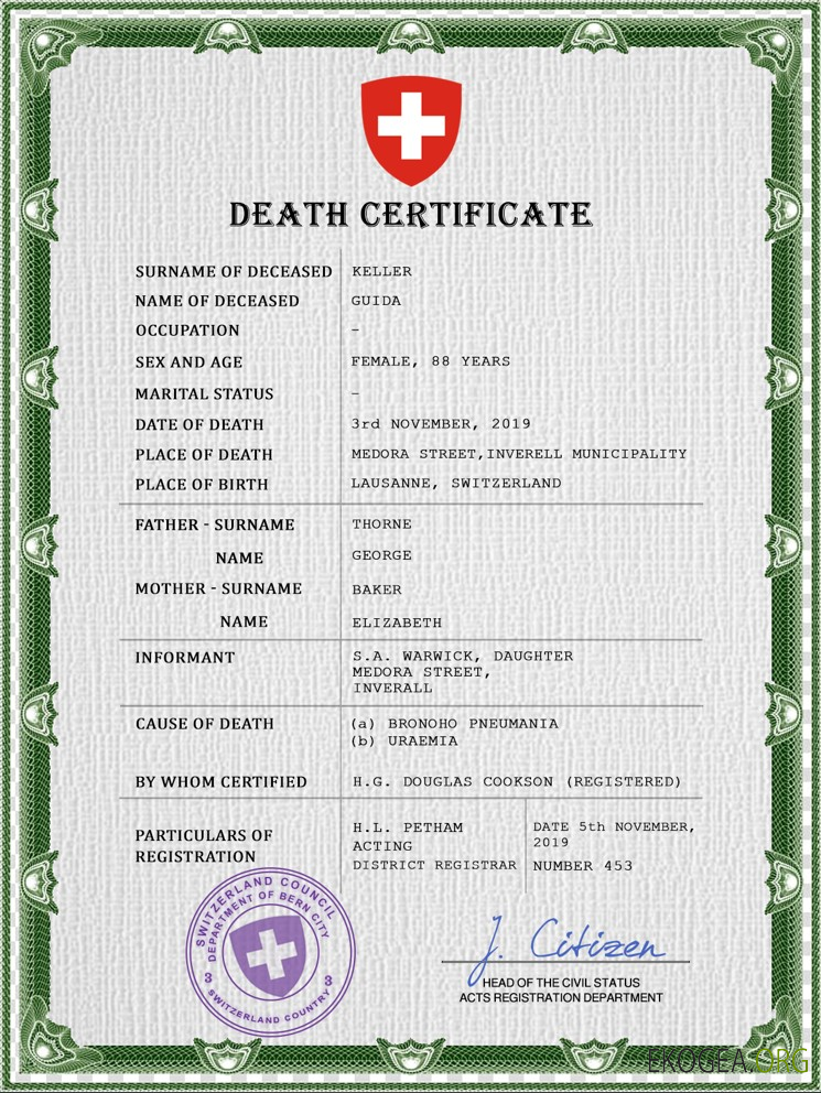 Modèle PSD de certificat de décès en Suisse